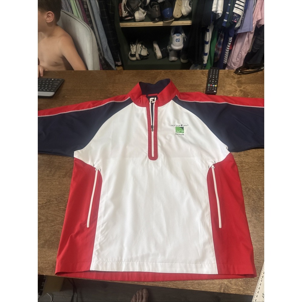 FootJoy Pullover Jacket Mens Medium Red Navy 1/2 Zip Windbreaker‎ Short Sleeve